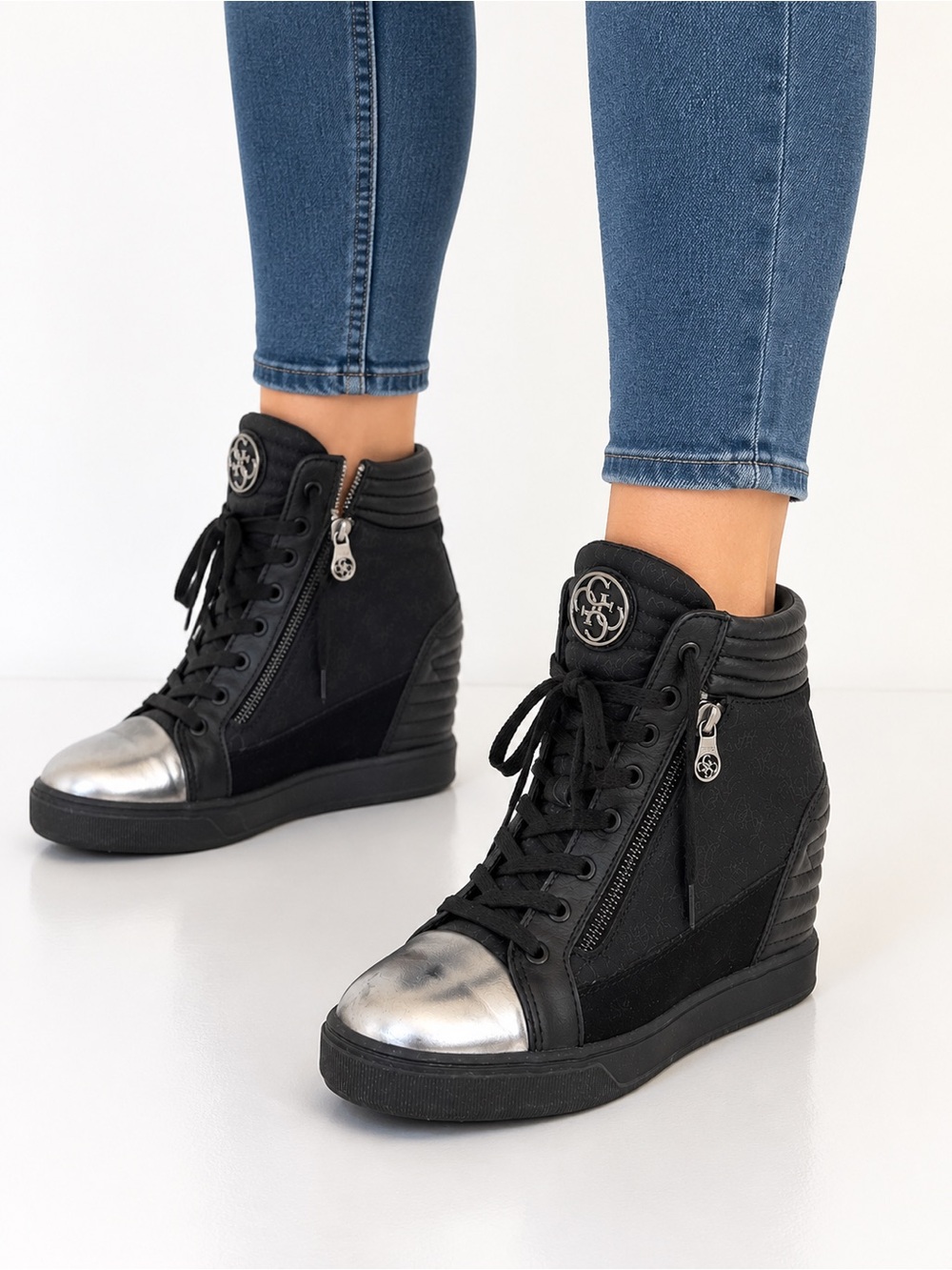 Guess Black High-Top Wedge Sneakers with Silver Metallic Toes
